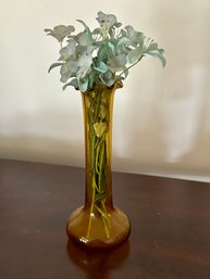 Vintage Amber Bud Vase With Faux Flowers