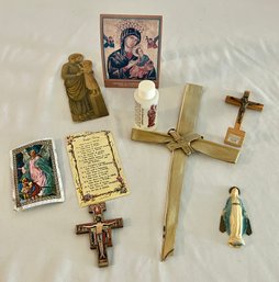 Italian Wooden Jesus, Blessed Mary, Palm Cross And Other Religious Items