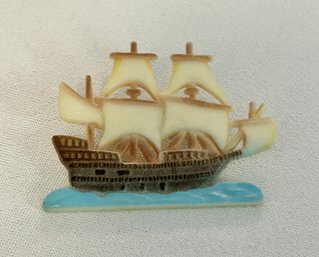 Vintage Mayflower Ship Pin Celluloid, Plastic Brooch Made In Hong Kong #620
