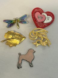 Vintage Dragonfly, Dog, Leaf,  And Heart Brooches With Poodle Chipboard
