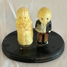 Antique Wedding Cake Topper Bride Groom Mounted On Wood