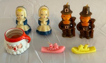 Vintage MC Gurley Pilgrim Thanksgiving & Birthday Ship Boat Candles, And Miniature Santa Mug With Candle
