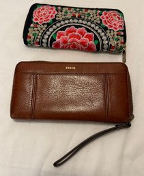 Fossil And Floral Embroidered Wallet Wristlet Clutch