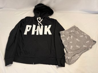 Pink Victoria's Secret Hooded Full Zip Sweatshirt Medium And Grey Shorts Sleepwear Large