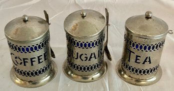 Rare Set Of Coffee, Sugar, And Tea Silver Plated Canisters With Cobalt Blue Inserts With Spoons