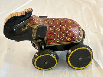 Rolling Black Elephant Wooden Wheeled Wheels Vintage Antique Folk Art Red Saddle Painted Trunk Up Good Luck