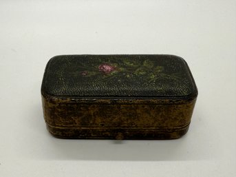 Antique Small Leather Jewelry Cuff Link Box Dark Brown Leather Flowers With Purple Interior #700