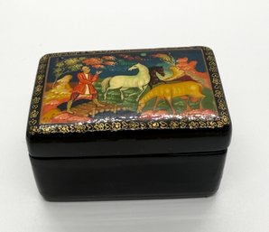 Vintage USSR Hand Painted Horse Castle Lacquer Mini Trinket Box Red Interior #702