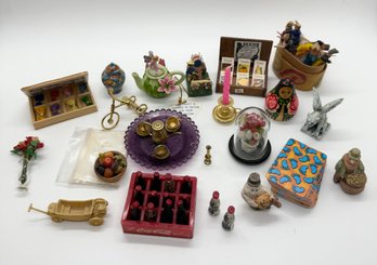Large Collection Of Miniatures For Dollhouse Shadowbox Coca Cola, Seeds, Yarn, Fairy Tea Pot, Urn, Gargoyle