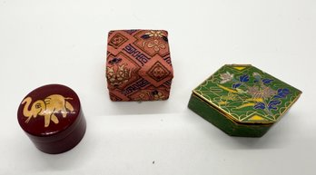 Diamond Shaped Cloisonne Green Enamel Small Red China And Wooden Elephant Trinket Box #707