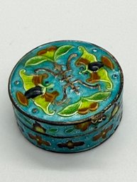 Vintage Sterling Silver Hand Painted Chinese Cloisonne Round Trinket Pill Box #709