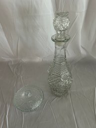Cut Glass Decanter And Heart Covered Bowl