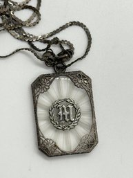 Art Deco Filigree Sterling Silver M Monogram Pendant Arezzo Italy Signed Sterling Necklace #715