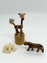 Italian Giraffe Push Puppet Hand Carved Wooden Leopard And Hand Carved White Onyx Elephant #749