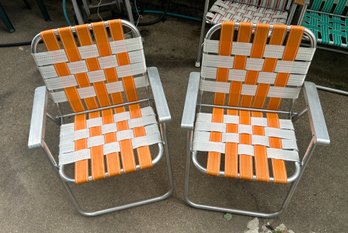 Vintage Aluminum Folding Chairs Orange Pair
