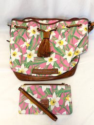 Dooney & Bourke Pink And White Daffodil Leather Bag And Matching Wristlet