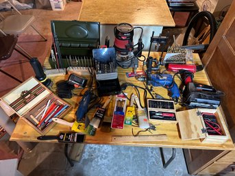 Table Top Tool Lot Drill Guide, Detail Sander, Jig Saw, Drill Bits, Paint Brushes And Much More!