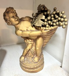 Large Vintage Universal Statuary Gold Chalkware Cherub Boy With Cornucopia Basin And Plastic Golden Grapes