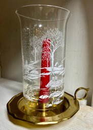 Vintage Glass Oil Hurricane Lamp Shade Winter Scene With Brass Candlestick Holder And Candle
