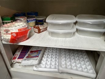 Ice Cube Trays, Package Of Match Books, Rubbermaid Containers, Baking Supplies Contents Of Cabinet