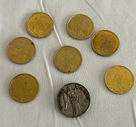 Gold Tone Good Luck Heavenly Guardian Angels With Halo (7) And Medal Coin Tokens #623