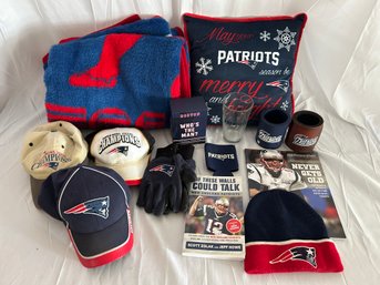New England Patriots Lot -Blanket, Pillow, Books, Game, Glass, Koozie Drink Insulators, Gloves, Hats