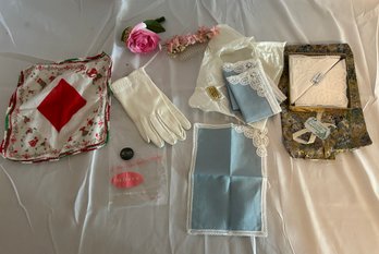 Vintage Sears White Gloves, Belgium Lace Handkerchiefs, Vintage Floral Hairpiece And Boutonnire
