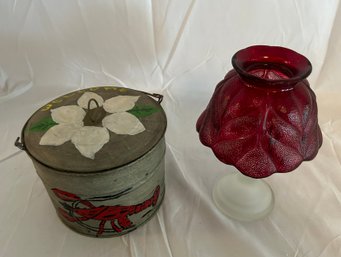 Vintage LE Smith Candle Lamp And Hand Painted Lobster Tin Bucket