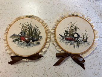 Vintage 1980s Hooded Merganser Duck And Other Waterfowl Fabric & Lace Trim Round Wood Hoop Wall Hangings