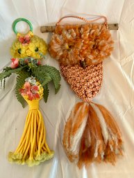 1970s Woven Macrame Wall Hanging Animals Birds Owl