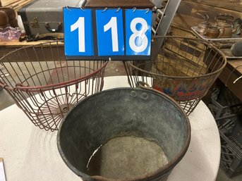 2 Egg Baskets I Brass Bucket With Damage On Bottom