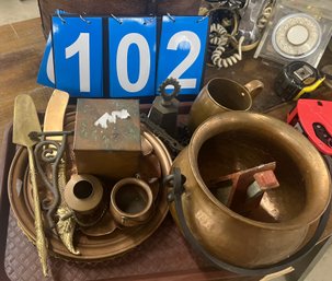 Lot Incl Copper Cauldron Pot W/handle, Brass Items Incl Fancy Serving Knive And Fork, Cast Metal Bell, Etc