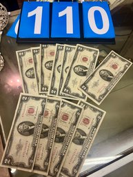 Lot Of Currency Incl 11 $2 Dollar Bills In Plastic Storage Sleeve