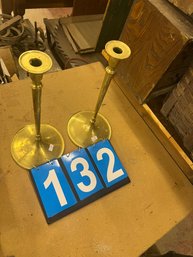 Pair Of Tall Brass Modern Form Candlesticks