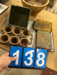 Primitive Cast Iron Muffin Pan And 2 As Found Adv Tins And A Green Box