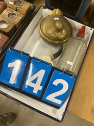 Modern Seltzer Fizz Bottle, Cattle Skull, Covered Brass Dish