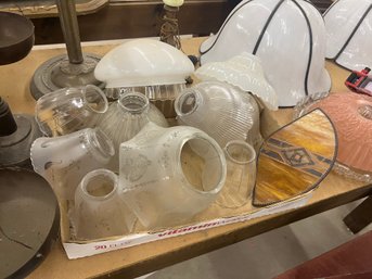 Group Lot Of Lighting Fixture Shades And A Slag Glass Panel With Deco Design