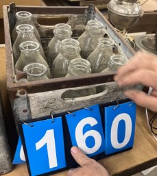 Antique Milk Bottle Crate With 11 Glass Bottles