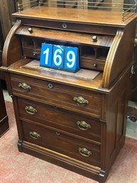 Eastlake Walnut Victorian Cylinder Desk With Brass Gallery