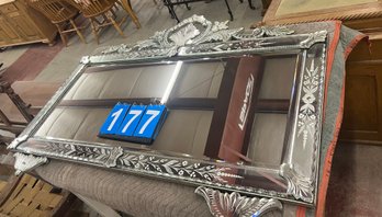 Fancy Venetian Style Overmantle Mirror With Beveled And Etched Glass Marked With 'FBS France' Tag On Back