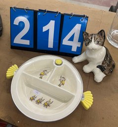Child's Segmented Dinner Bowl And A China Ceramic Cat Statue