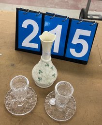 Irish Belleek Shamrock Pattern Vase And Pr Of Crystal Candlesticks