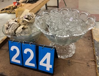 Lot Of Two Pressed Glass Punch Bowls With Cups