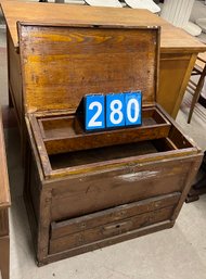 Antique Primitive Oak Carpenter Tool Chest With Lift Top And Tool Drawers