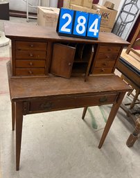 Small Pine Secretary Plantation Style Desk With Fold Out Writing Top And Compartment Drawer With Tapered Legs