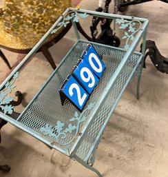Patio Iron Table In Green Paint With Mesh Shelf Measuring 17'x24' Size Top, Missing The Clear Glass