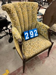 Barrell High Back Upholstered Armchair With Carved Mahogany Legs And Arms