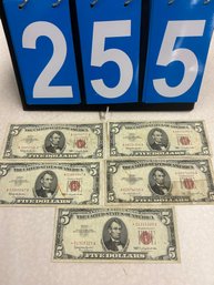 5 Red Seal Circulated 1963 Series 5 Dollar Bills