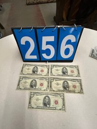 5 Red Seal Circulated 1953 And 1963 Series 5 Dollar Blls