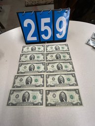 10 Green Seal Circulated 2 Dollar Bills Various Dates